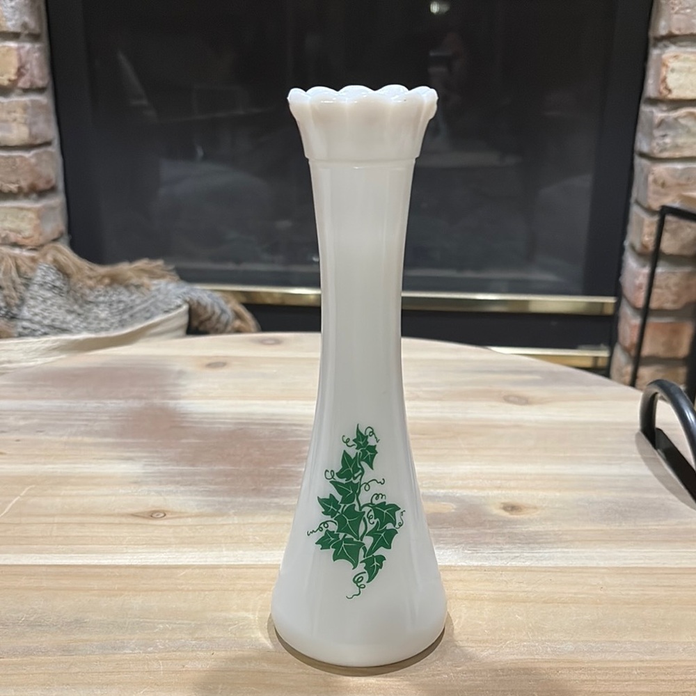 Vintage Hazel Atlas Green Ivy Milk Glass Bud Vase